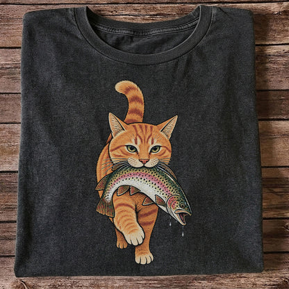 Cat Holding Trout Funny Fishing Graphic T-Shirt