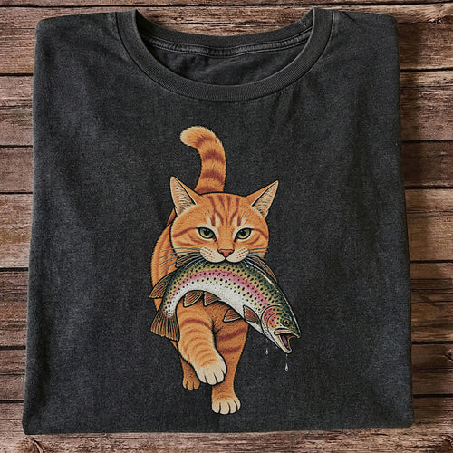 Cat Holding Trout Funny Fishing Graphic T-Shirt