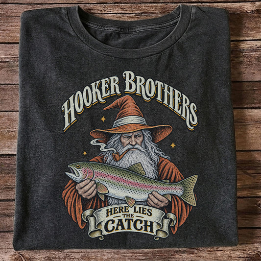 Hooker Brothers Here Lies the Catch Wizard Trout Fishing T-Shirt