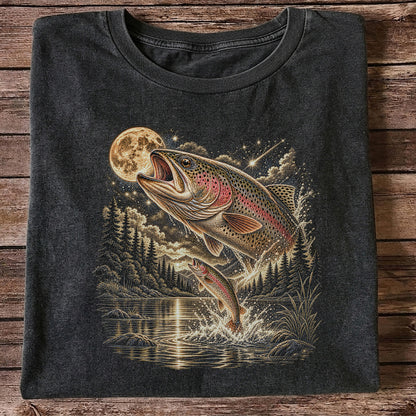 Moonlit Rainbow Trout Jumping from Mountain Lake Graphic T-Shirt