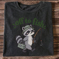 Off to Fish Cute Raccoon with Fishing Rod Graphic T-Shirt