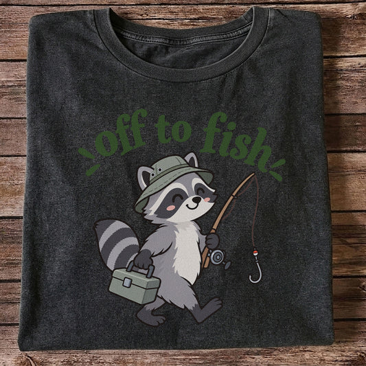 Off to Fish Cute Raccoon with Fishing Rod Graphic T-Shirt