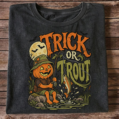 Trick or Trout Pumpkin Angler Halloween Fishing T-Shirt