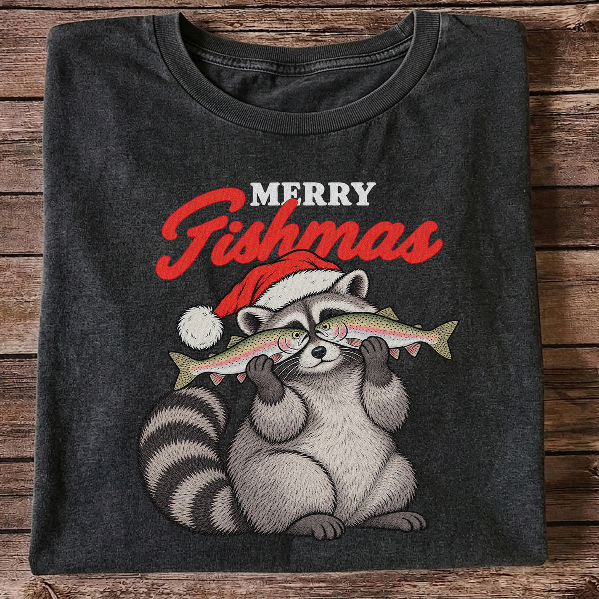 Santa Raccoon Holding Fish Christmas Fishing Graphic T-Shirt