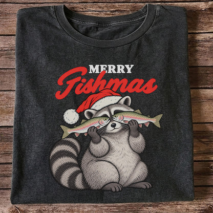 Santa Raccoon Holding Fish Christmas Fishing Graphic T-Shirt