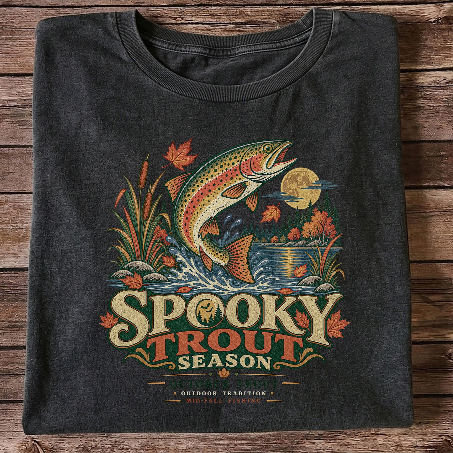 Spooky Trout Season Mid-Fall Fishing Graphic T-Shirt