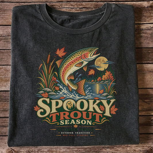 Spooky Trout Season Mid-Fall Fishing Graphic T-Shirt