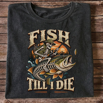Fish Till I Die Skeleton Riding a Largemouth Bass Fishing T-Shirt