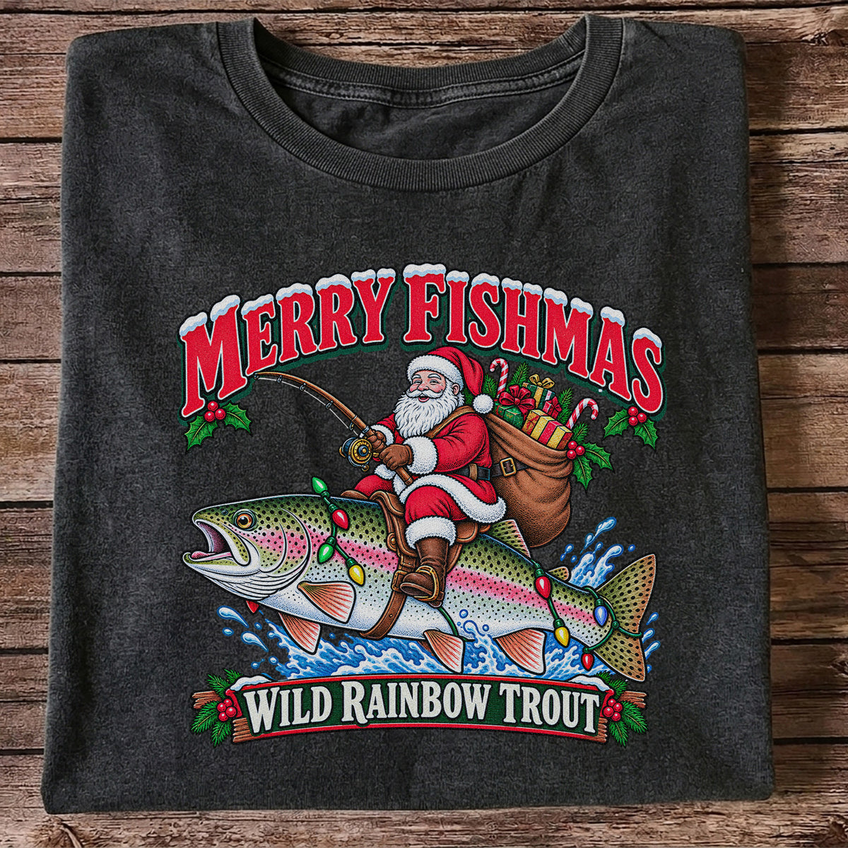 Merry Fishmas Santa Riding a Wild Rainbow Trout Christmas Fishing T-Shirt