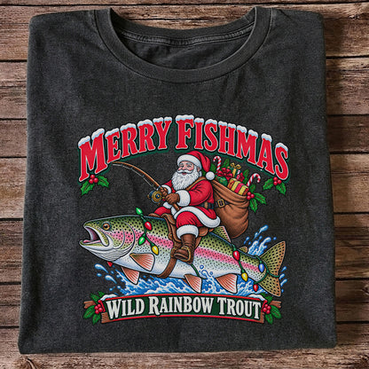 Merry Fishmas Santa Riding a Wild Rainbow Trout Christmas Fishing T-Shirt