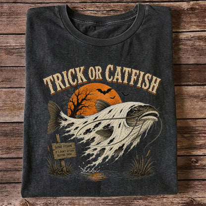 Trick or Catfish Halloween Fishing T-Shirt, Vintage Trout Angler Tee