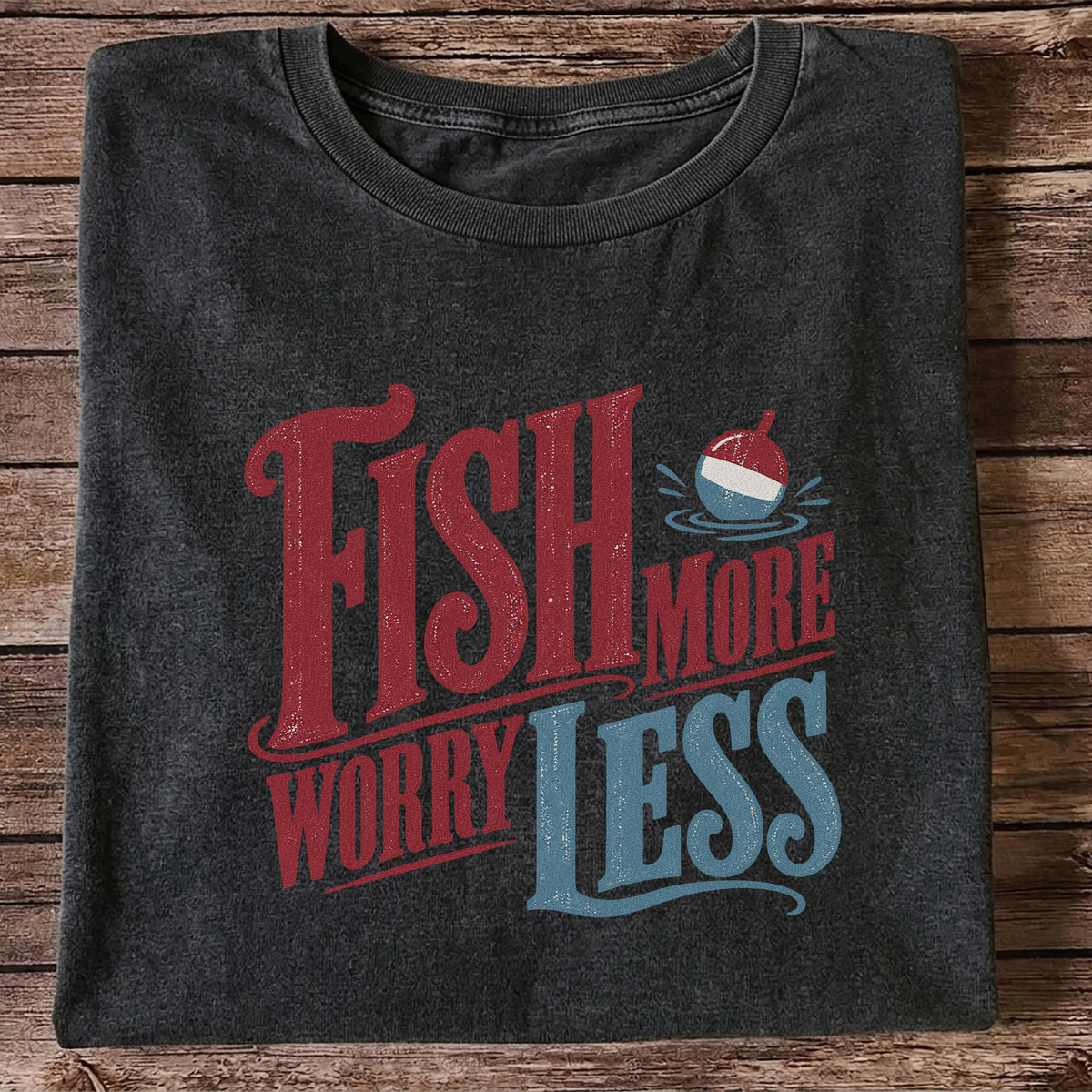 Fish More Worry Less Vintage Bobber Fishing Graphic T-Shirt