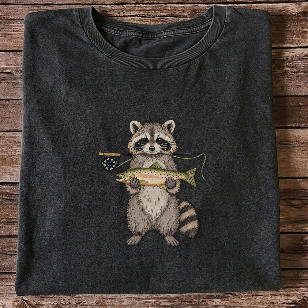 Cute Raccoon Holding Rainbow Trout Fly Fishing Graphic T-Shirt