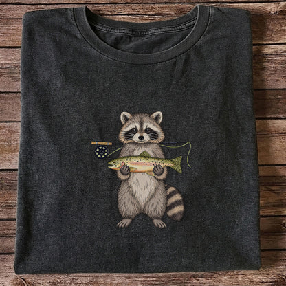 Cute Raccoon Holding Rainbow Trout Fly Fishing Graphic T-Shirt
