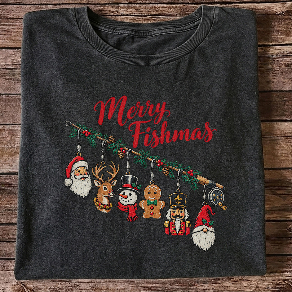 Christmas Fishing Rod Ornaments Holiday Graphic T-Shirt
