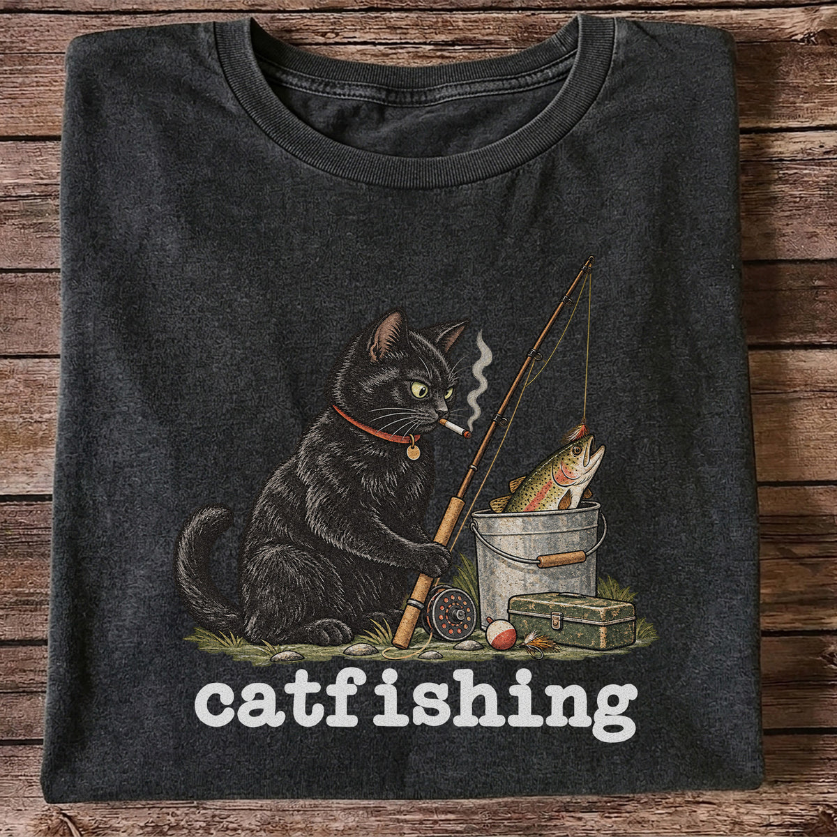 Catfishing Smoking Black Cat with Fishing Rod Funny T-Shirt