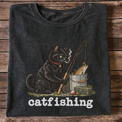 Catfishing Smoking Black Cat with Fishing Rod Funny T-Shirt