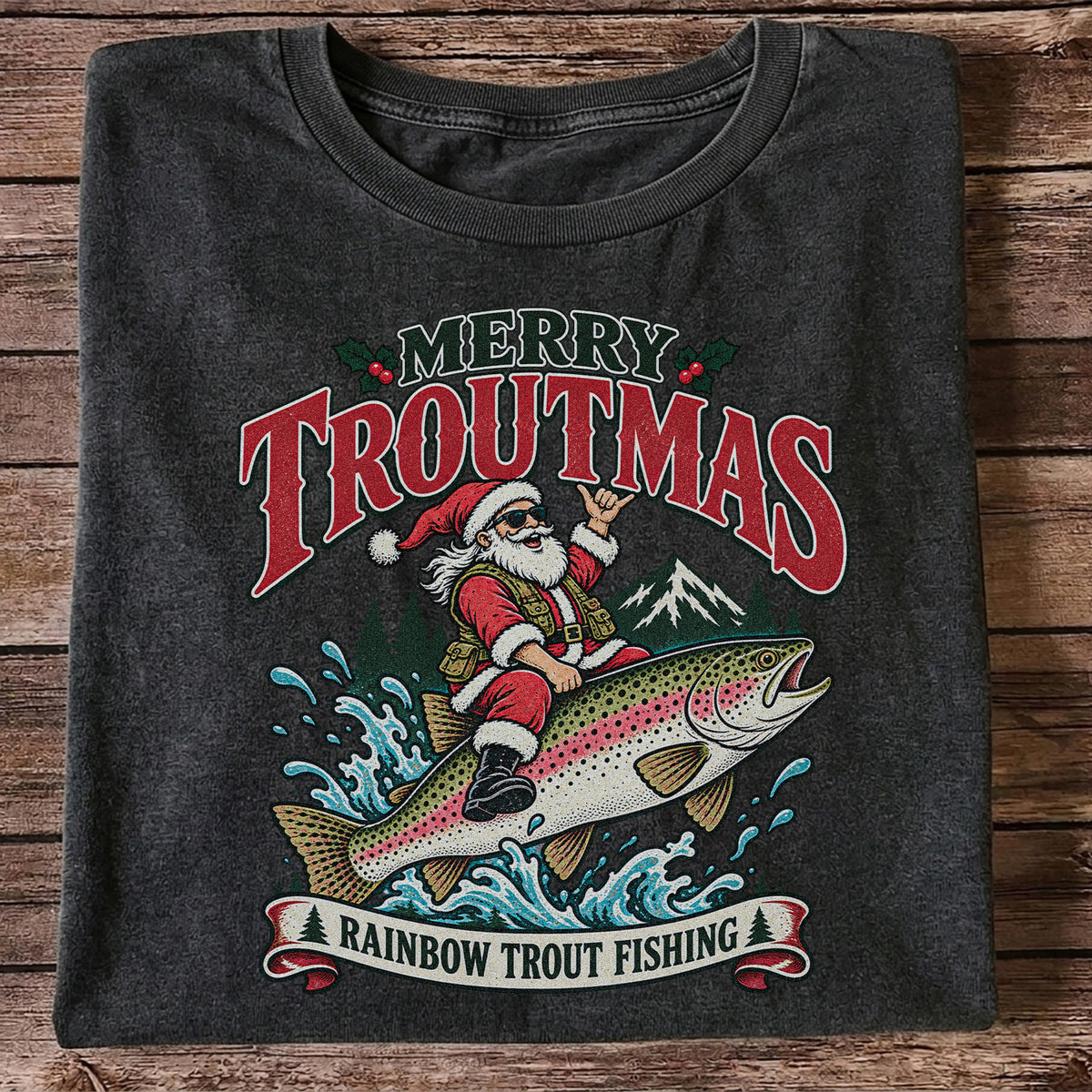 Merry Troutmas Santa Riding a Rainbow Trout Christmas Fishing T-Shirt