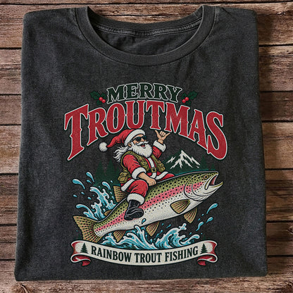 Merry Troutmas Santa Riding a Rainbow Trout Christmas Fishing T-Shirt