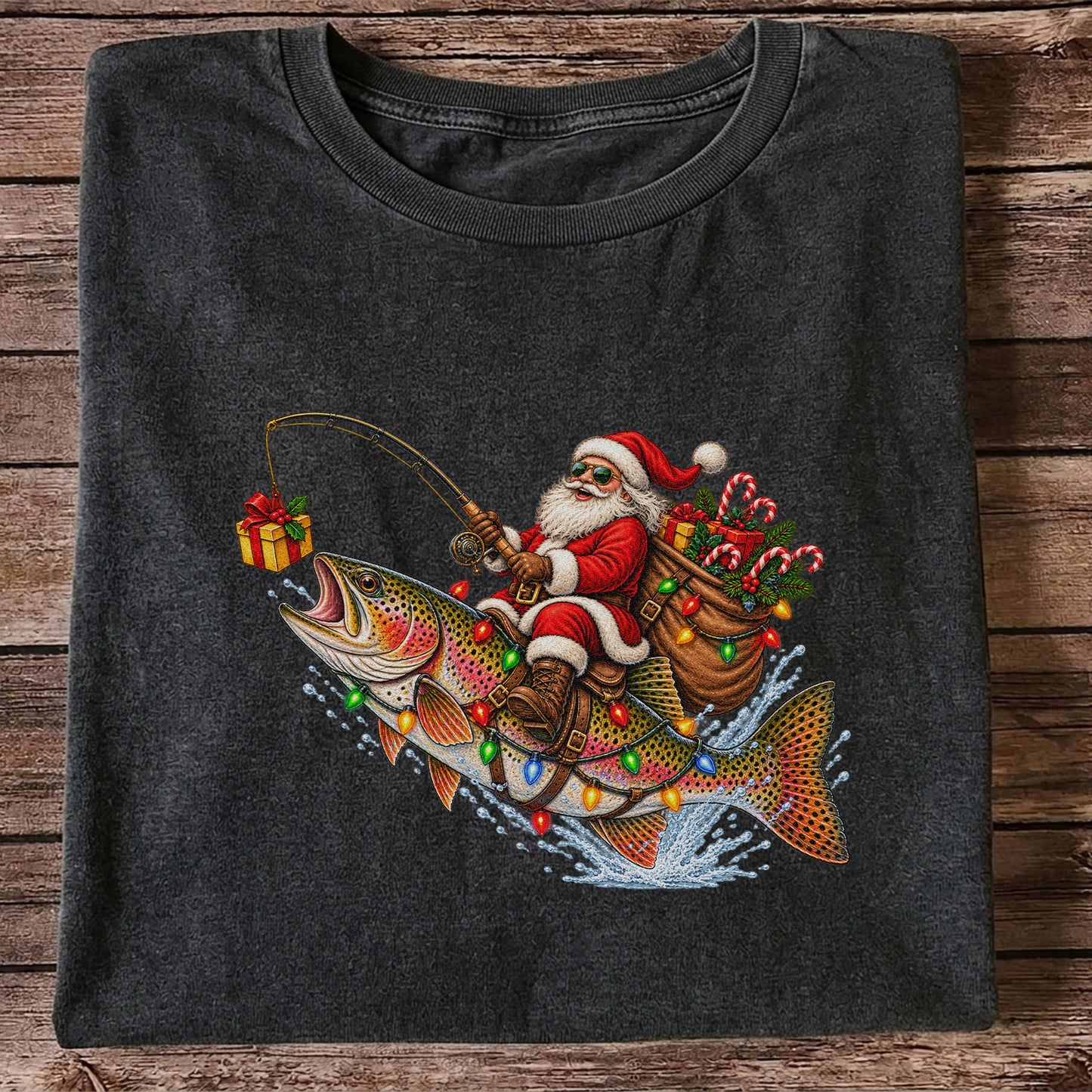 Santa Riding a Rainbow Trout Christmas Fishing Graphic T-Shirt