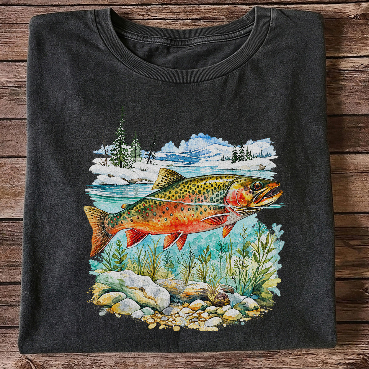 Brown Trout in Mountain River Watercolor Fishing Graphic T-Shirt