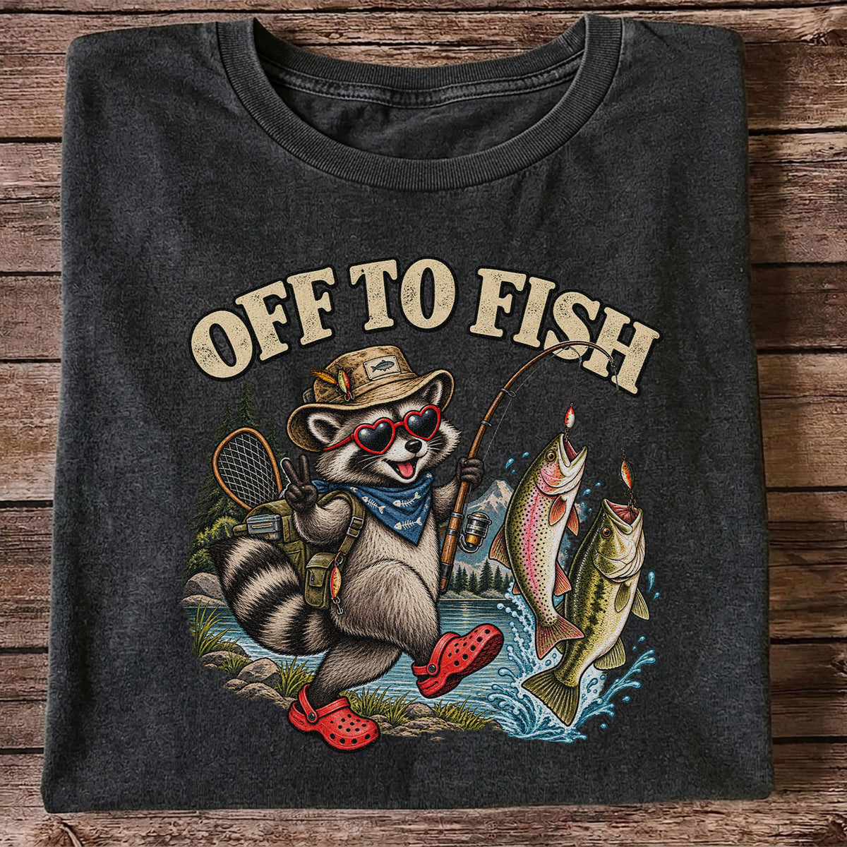 Off to Fish Raccoon with Trout and Bass Fishing T-Shirt
