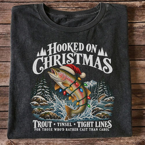 Hooked on Christmas Rainbow Trout Fishing Graphic T-Shirt