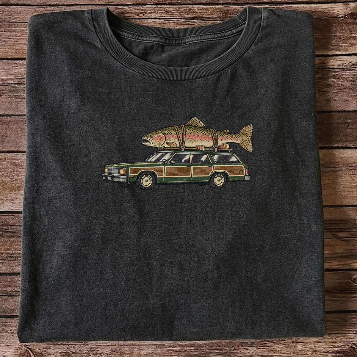Vintage Station Wagon Carrying Rainbow Trout Fishing T-Shirt