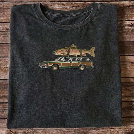 Vintage Station Wagon Carrying Rainbow Trout Fishing T-Shirt