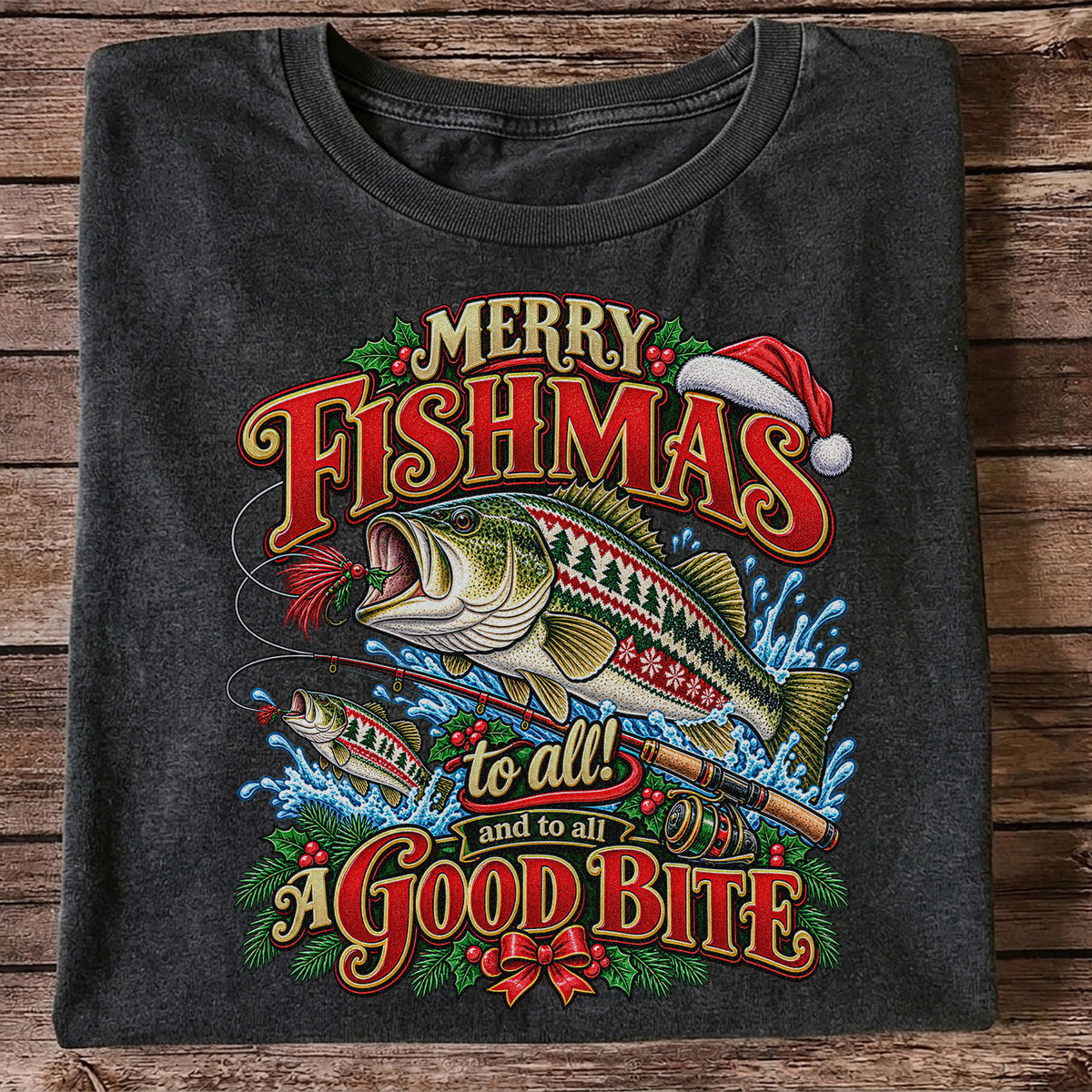Merry Fishmas Christmas Sweater Pattern Bass Fishing T-Shirt