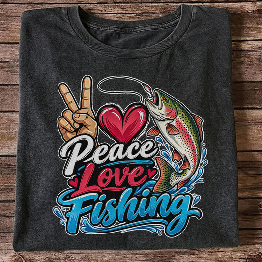Peace Love Fishing Rainbow Trout and Heart Graphic T-Shirt