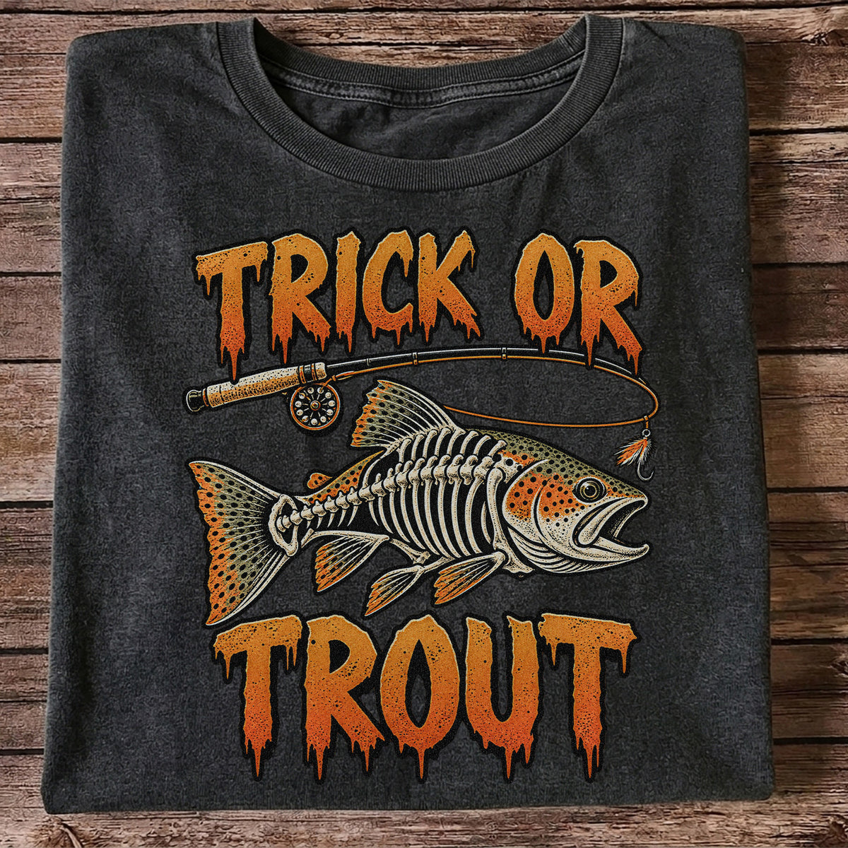 Trick or Trout Skeleton Trout Halloween Fly Fishing T-Shirt