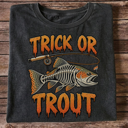 Trick or Trout Skeleton Trout Halloween Fly Fishing T-Shirt