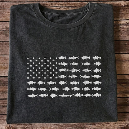 American Flag Made of Fish Silhouettes Fishing Graphic T-Shirt