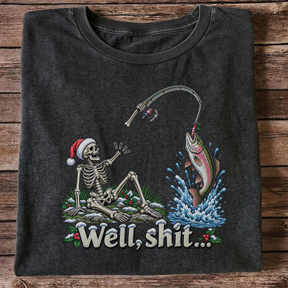 Well, Shit... Skeleton and Leaping Rainbow Trout Christmas Fishing T-Shirt