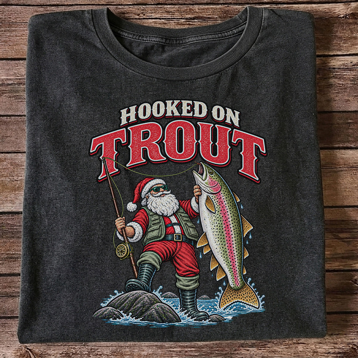 Hooked on Trout Santa Claus Rainbow Trout Christmas Fishing T-Shirt