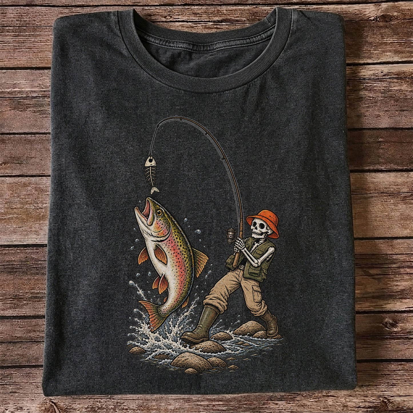 Skeleton Angler Catching Trout Dark Humor Fishing T-Shirt