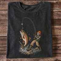 Skeleton Angler Catching Trout Dark Humor Fishing T-Shirt