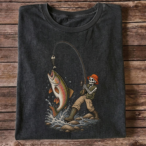 Skeleton Angler Catching Trout Dark Humor Fishing T-Shirt