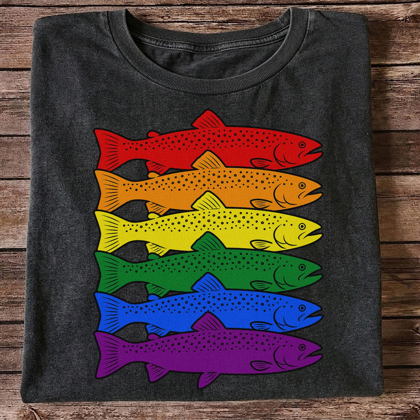 Rainbow Colored Trout Stack Fishing Graphic T-Shirt