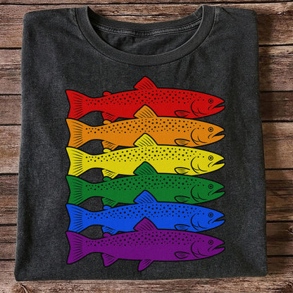 Rainbow Colored Trout Stack Fishing Graphic T-Shirt