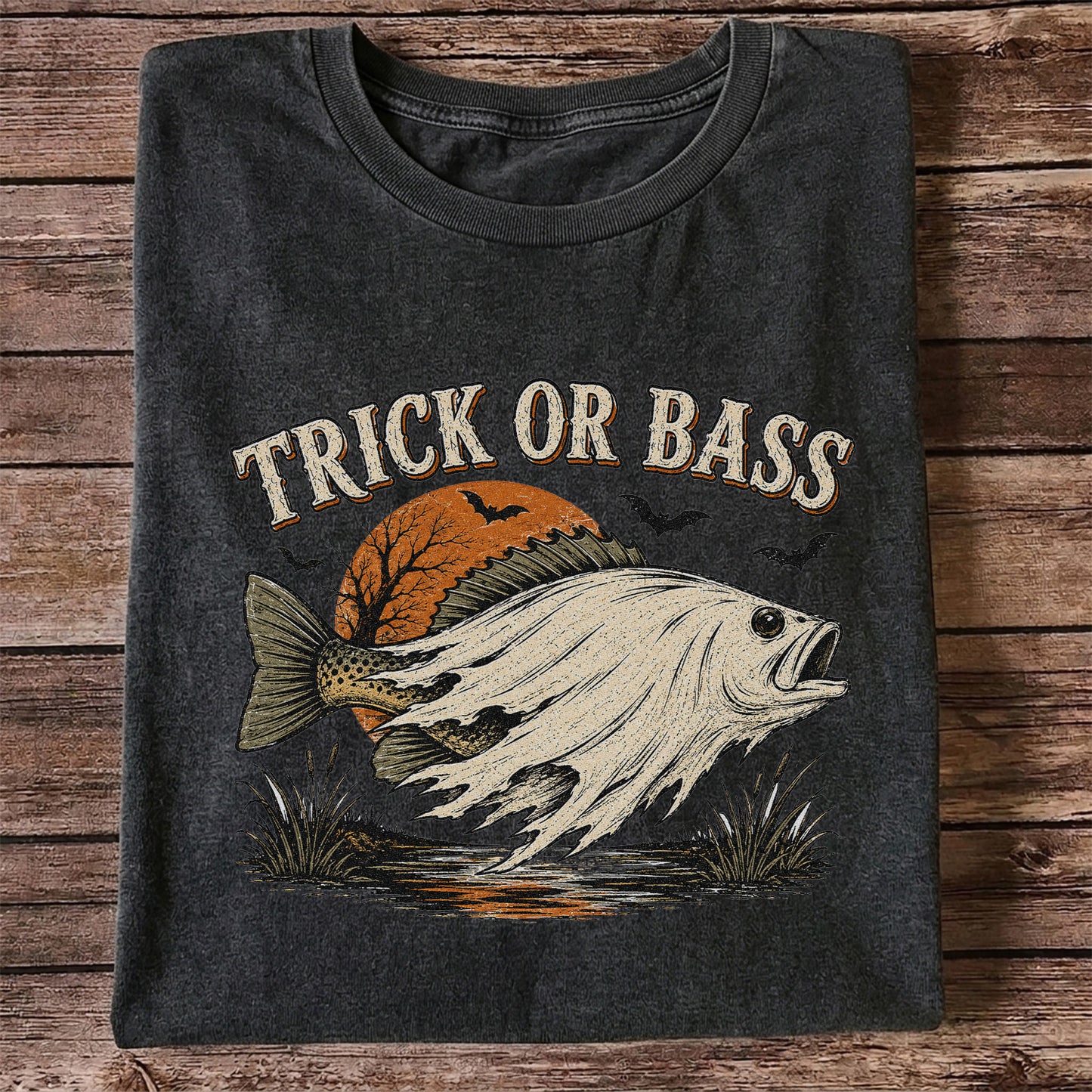 Trick or Bass Halloween Fishing T-Shirt, Vintage Trout Angler Tee