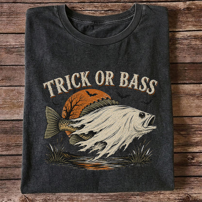 Trick or Bass Halloween Fishing T-Shirt, Vintage Trout Angler Tee