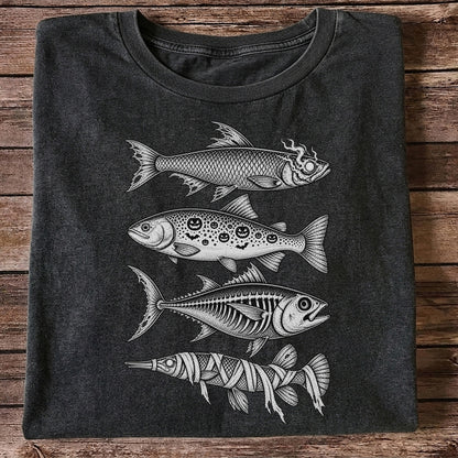 Halloween Zombie Pumpkin Skeleton and Mummy Fish Graphic T-Shirt