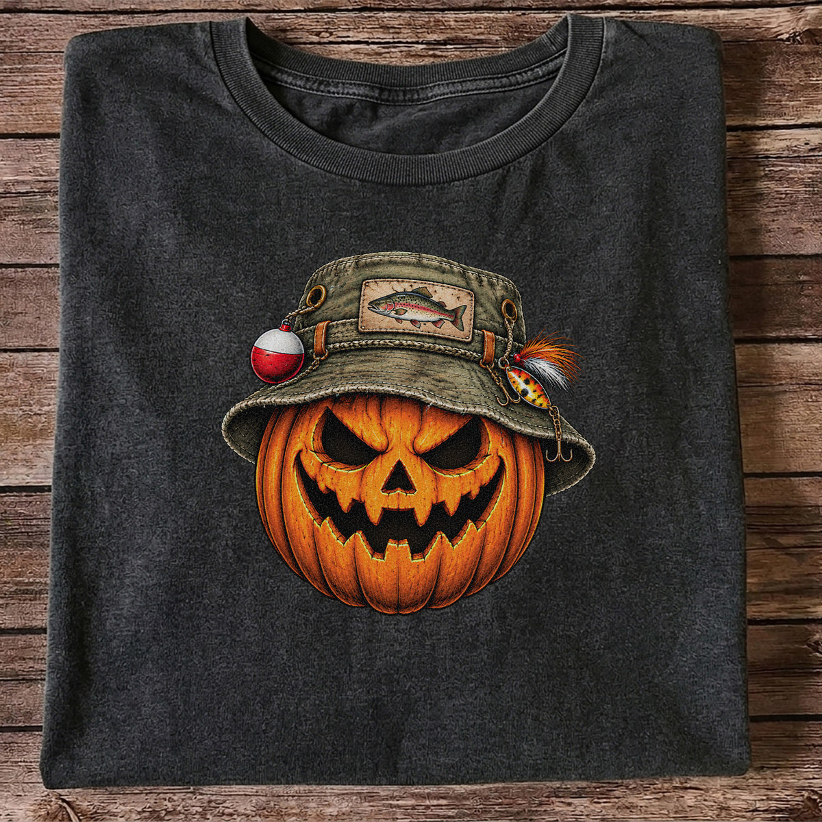 Halloween Pumpkin in a Trout Fishing Hat Graphic T-Shirt