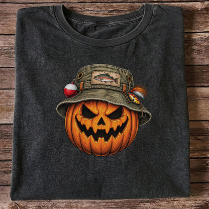 Halloween Pumpkin in a Trout Fishing Hat Graphic T-Shirt