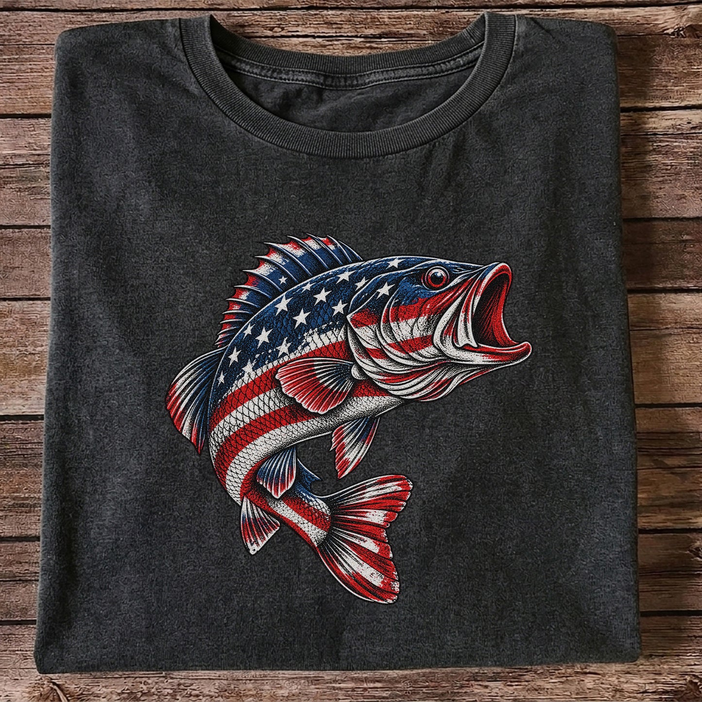American Flag Largemouth Bass Patriotic Fishing Graphic T-Shirt