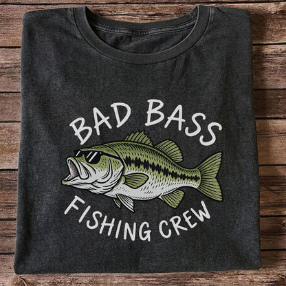 Bad Bass Fishing Crew Funny Graphic T-Shirt