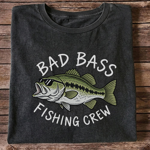 Bad Bass Fishing Crew Funny Graphic T-Shirt