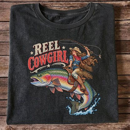Reel Cowgirl Riding a Rainbow Trout Fly Fishing T-Shirt